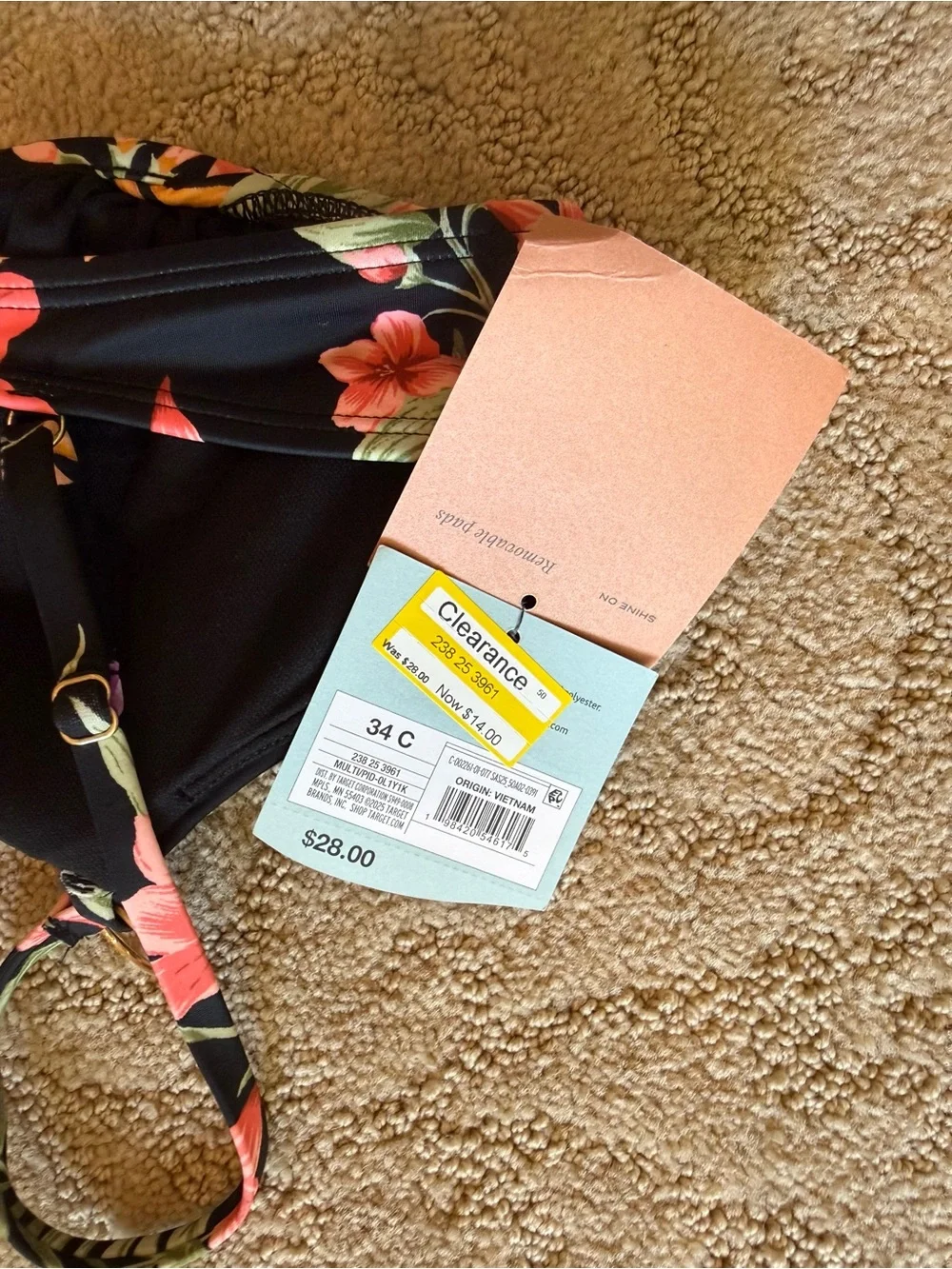 Shade & Shore Black Tropical Floral Bikini Top with Pink and Green